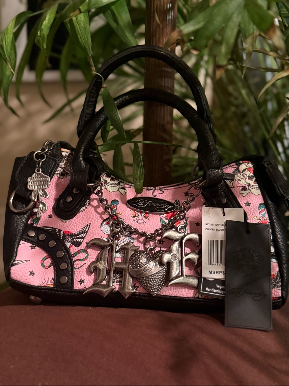 Ed Hardy Pink and Black Logo Charm Satchel Y2K